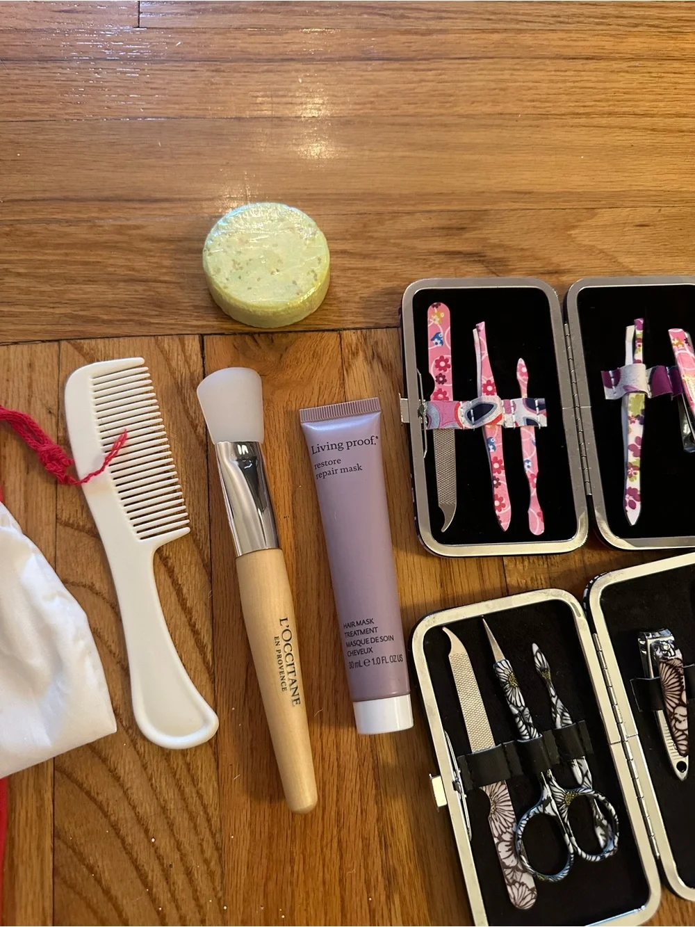 Manicure & Beauty Set with Floral Tools and Brushes - Pink, White, Natural Wood